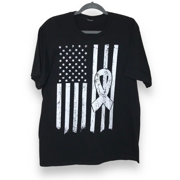 Lung Cancer Awareness American Flag White Ribbon Black T Shirt Mens Size Large - Picture 1 of 9